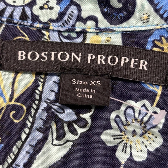 Boston Proper Border Print Flare Sleeve Shirt Xs Blue Collared Paisley Button - Picture 5 of 9